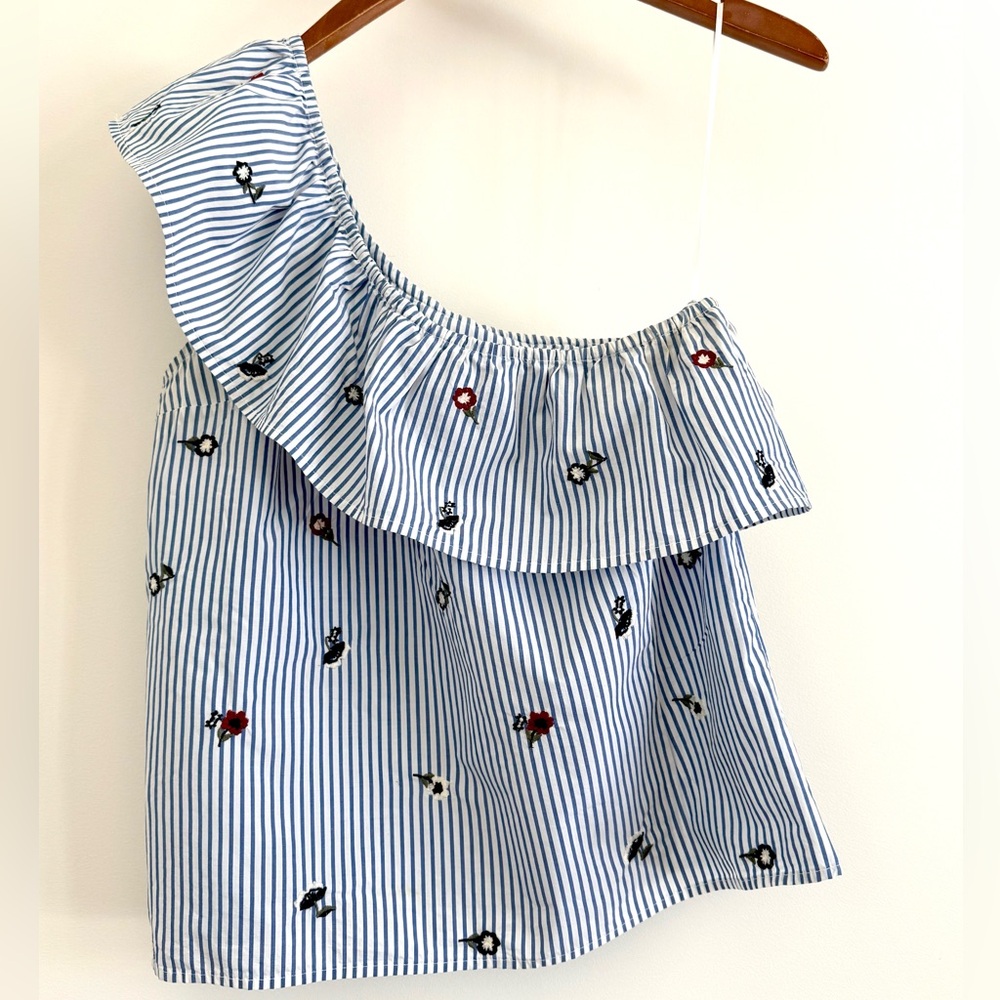 Abercrombie & Fitch Women Asymmetrical Ruffle Top One Shoulder Embroidery Size M